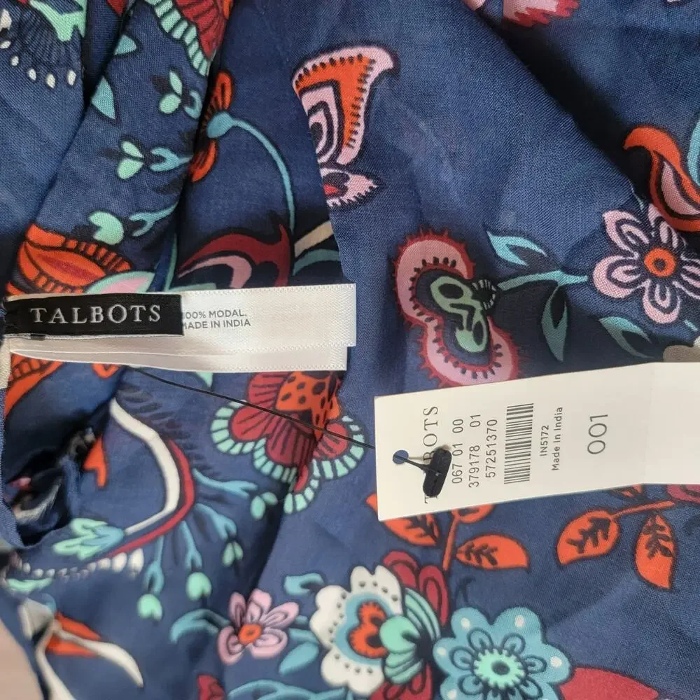 NWT Talbots Blue Floral‎ Scarf 100% Modal Pink Aqua Orange Vibrant Print Fringe